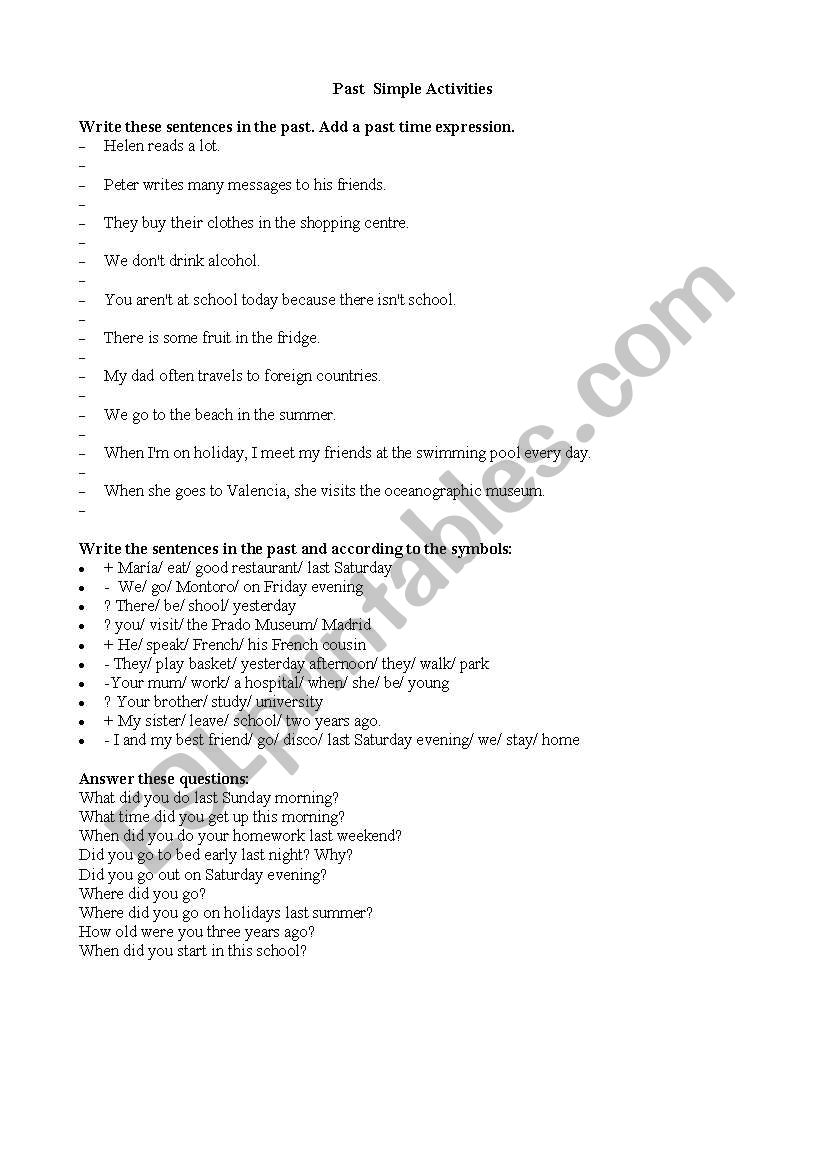 Past simple activities worksheet