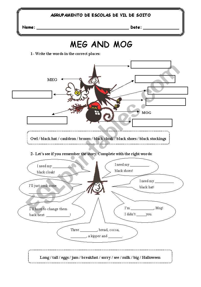Meg and Mog -  a worksheet on the story by Jan PieÃ±kowskire 