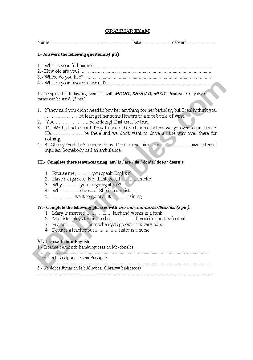 grammar test worksheet