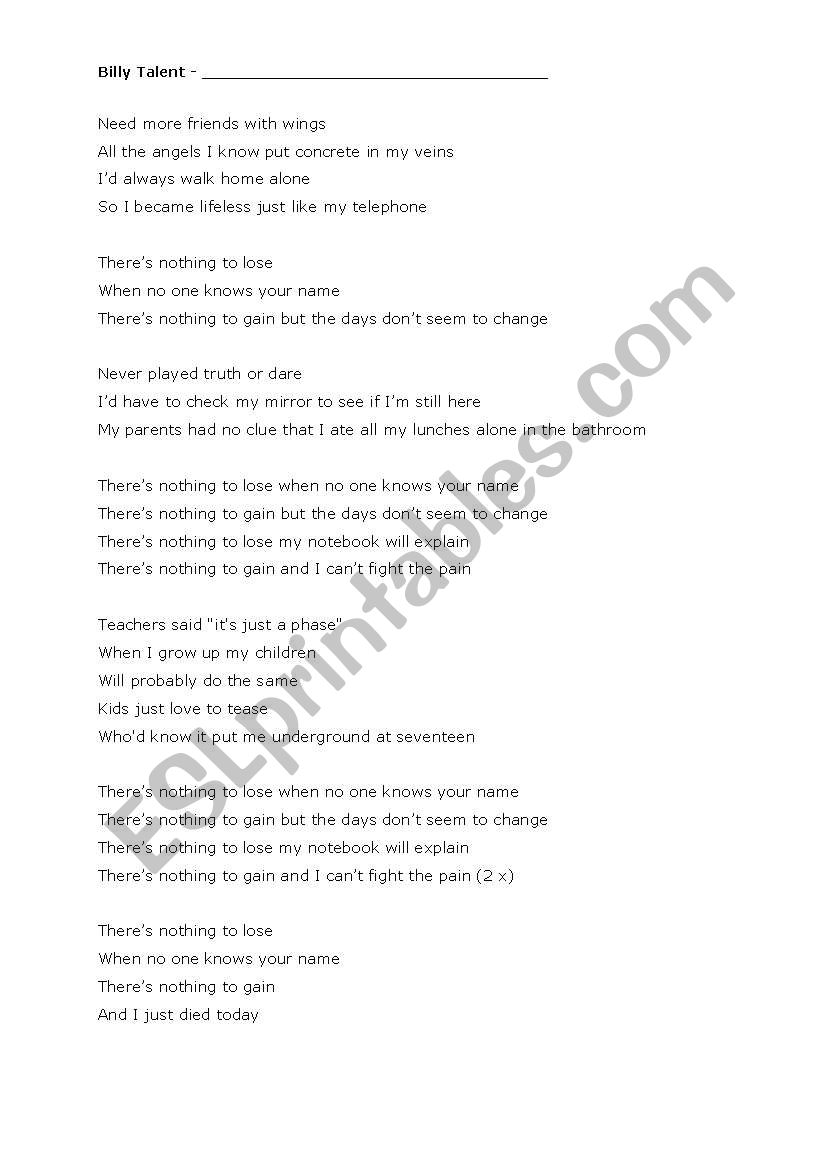 Billy Talent-nothing to lose worksheet