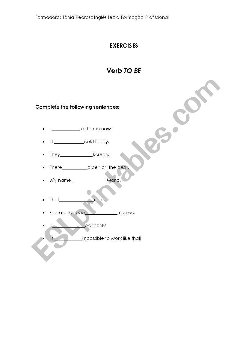 Exercises: Verb TO BE worksheet