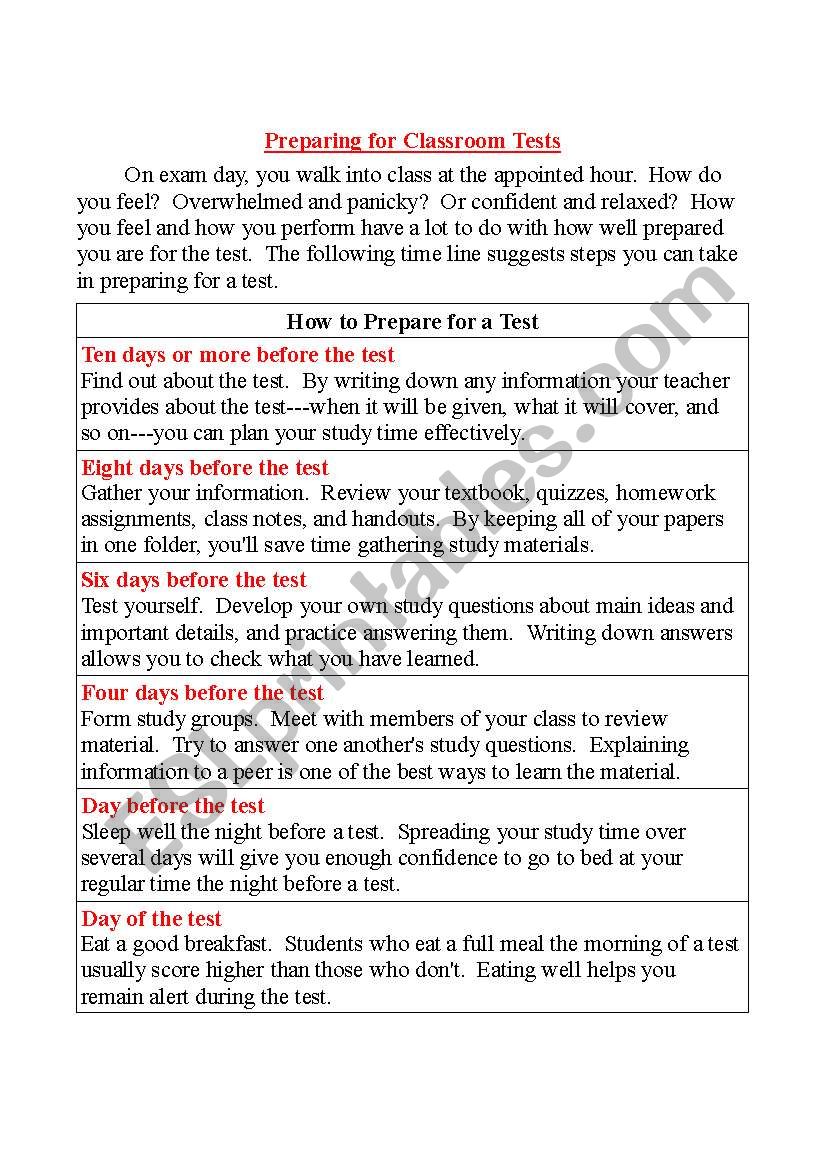 Preparing for Classroom Tests worksheet