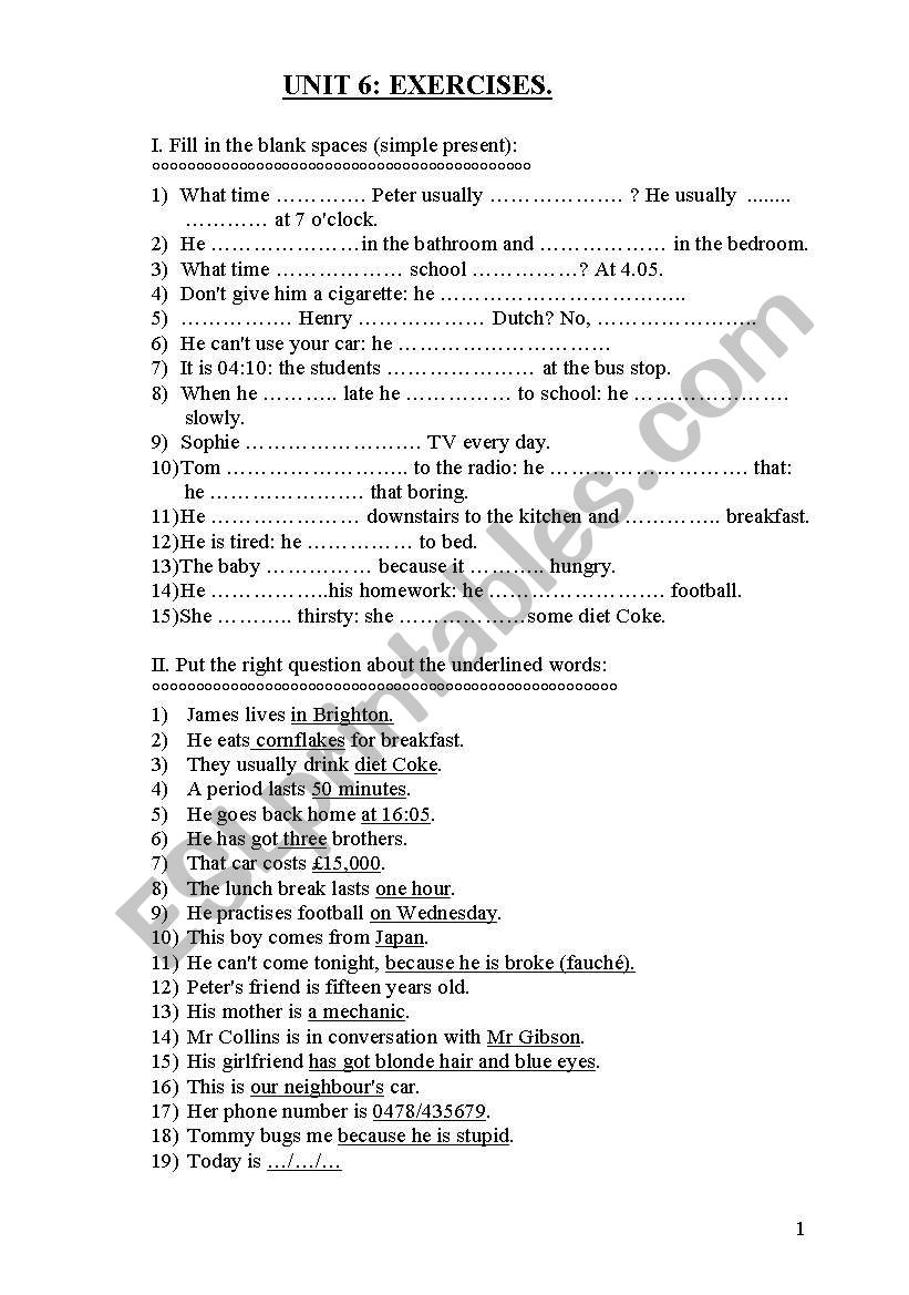 exercises (simple present) worksheet