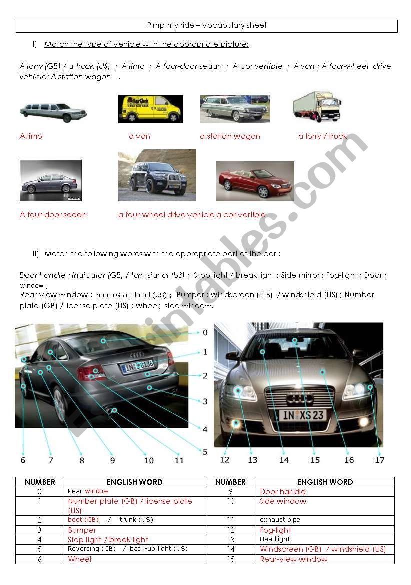 Car vocabulary worksheet