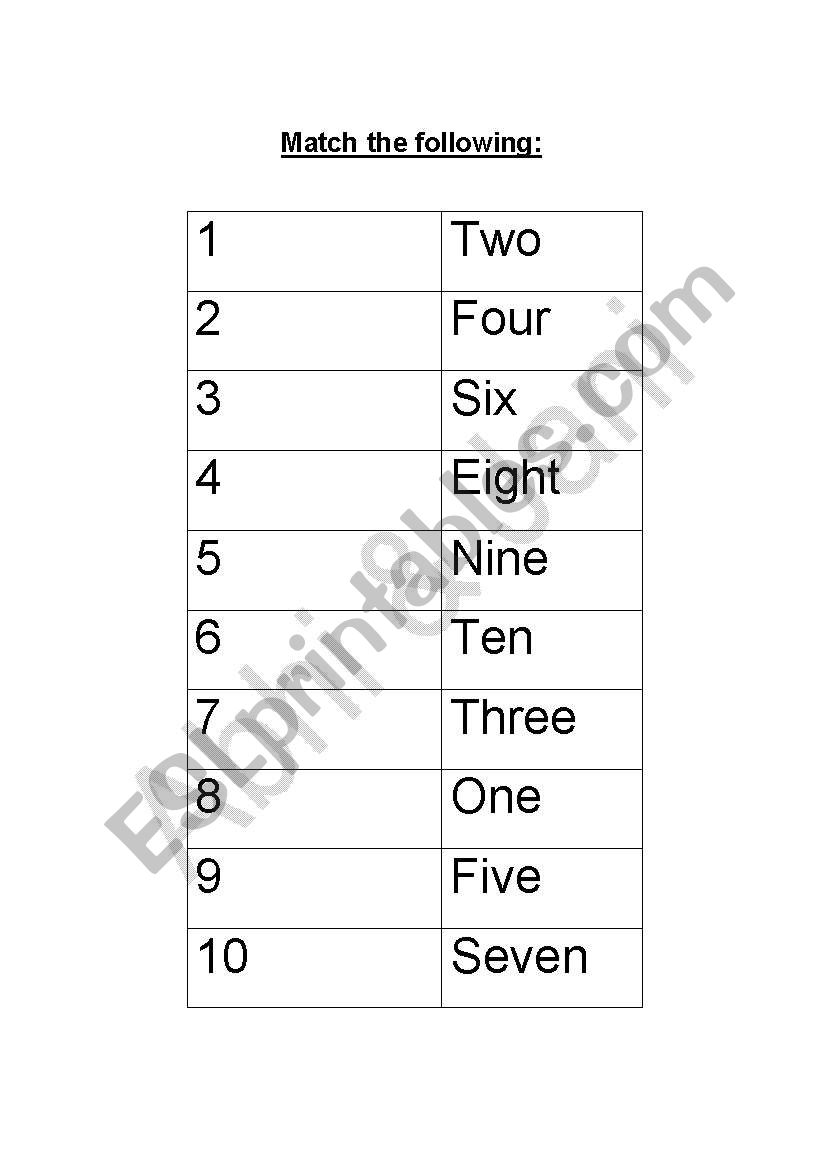 Number Names match worksheet