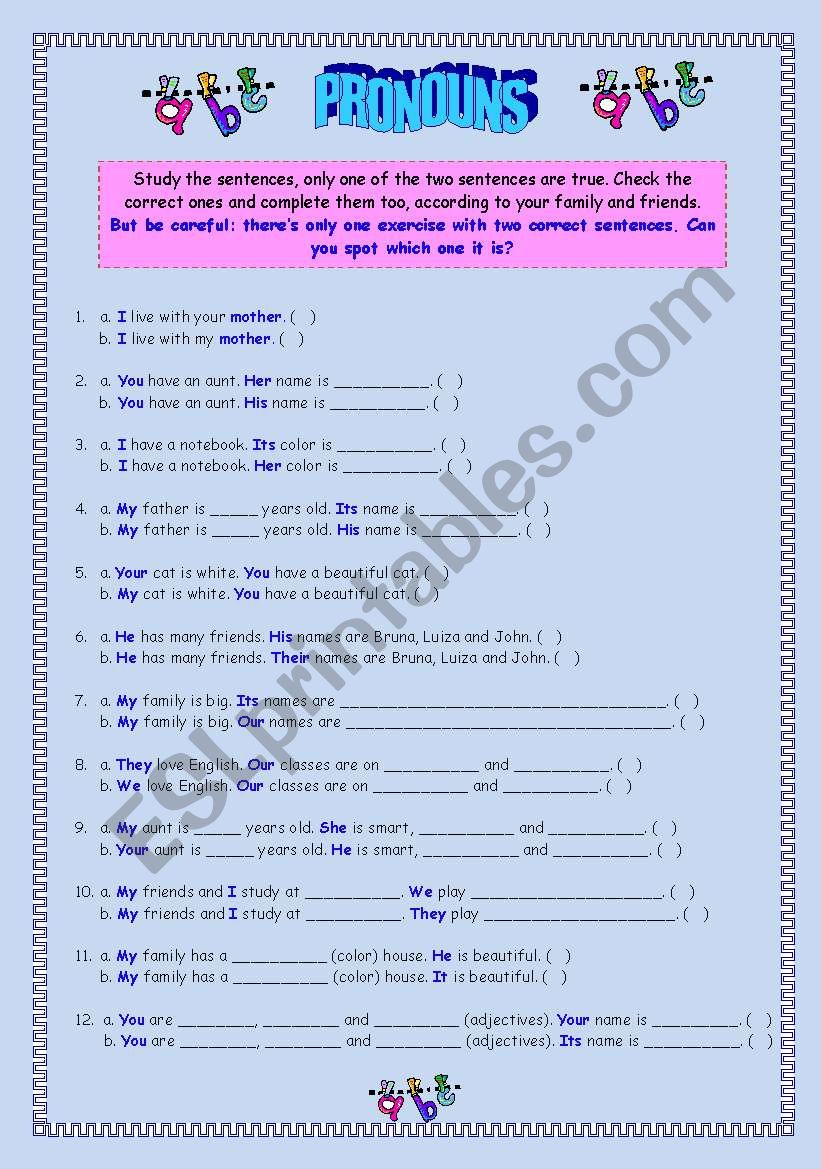 Pronouns (2 pages + Answer key)