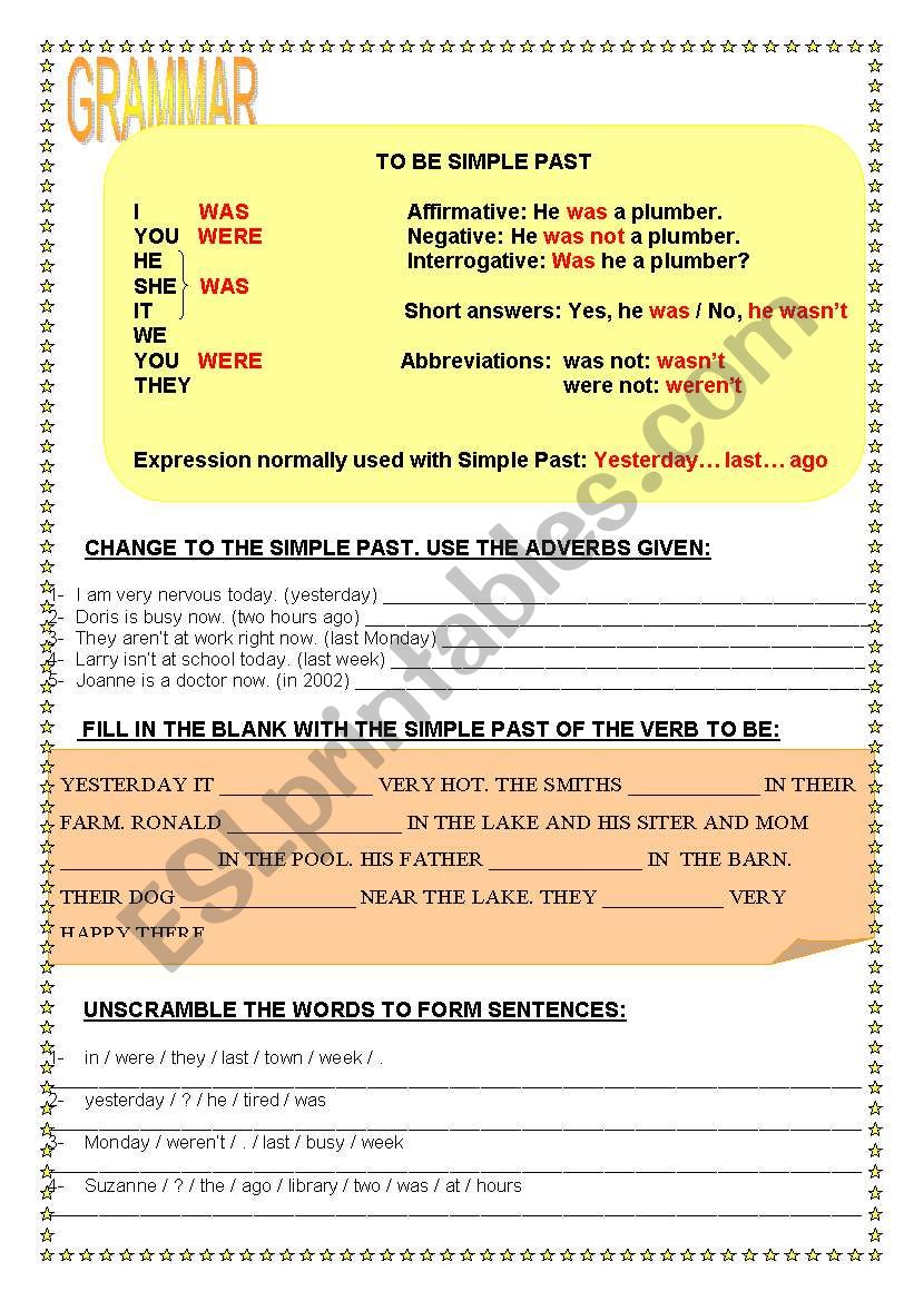 SIMPLE PAST TO BE worksheet