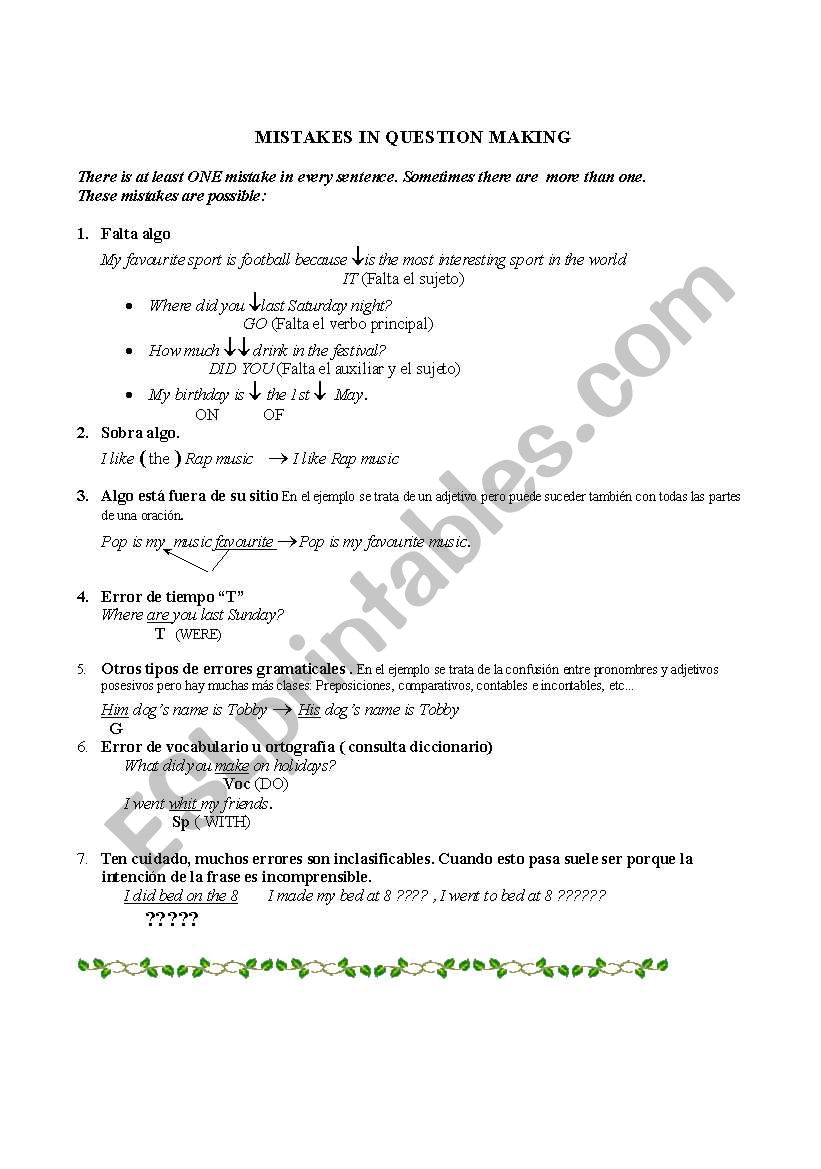 Mistakes in question making  worksheet