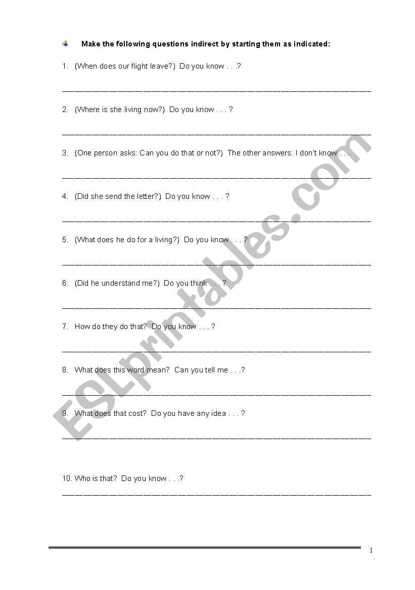direct/indirect questions worksheet