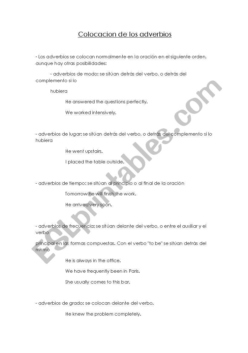 Adverb position worksheet