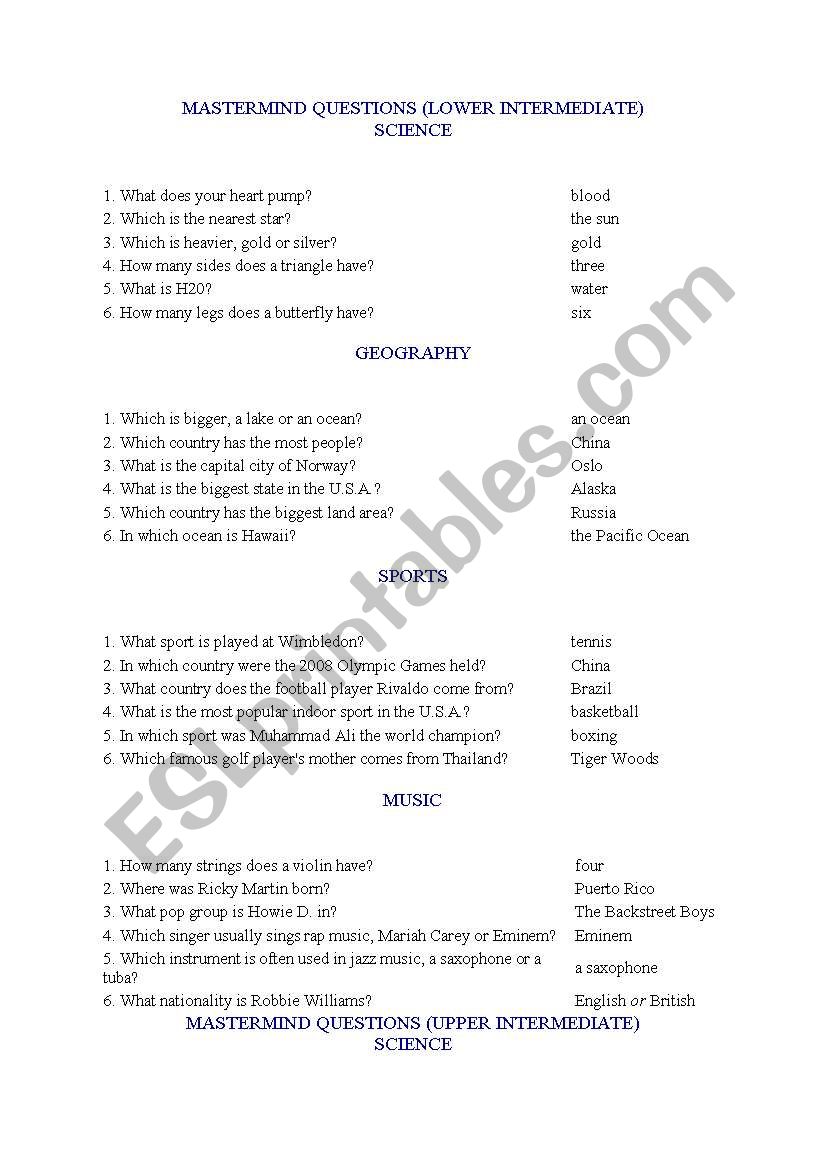 Mastermind Questions  worksheet