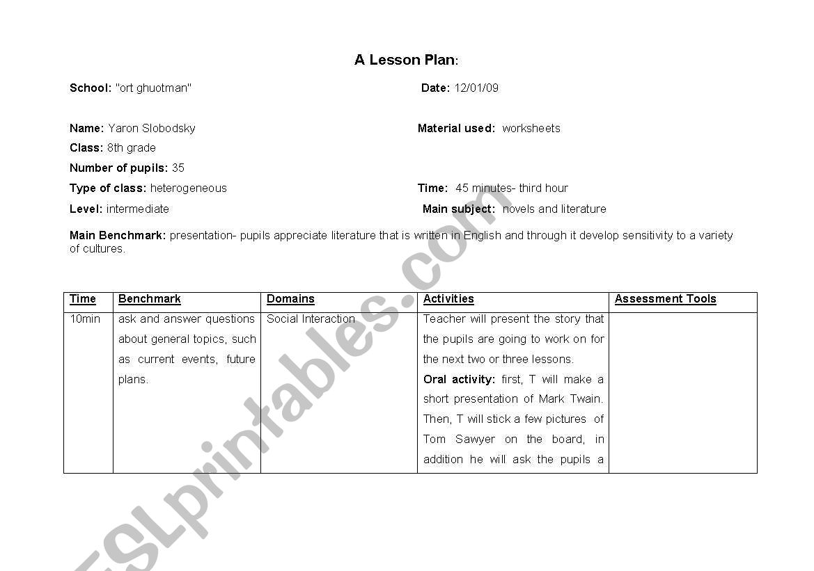 Lesson plann about Tom Swyer worksheet