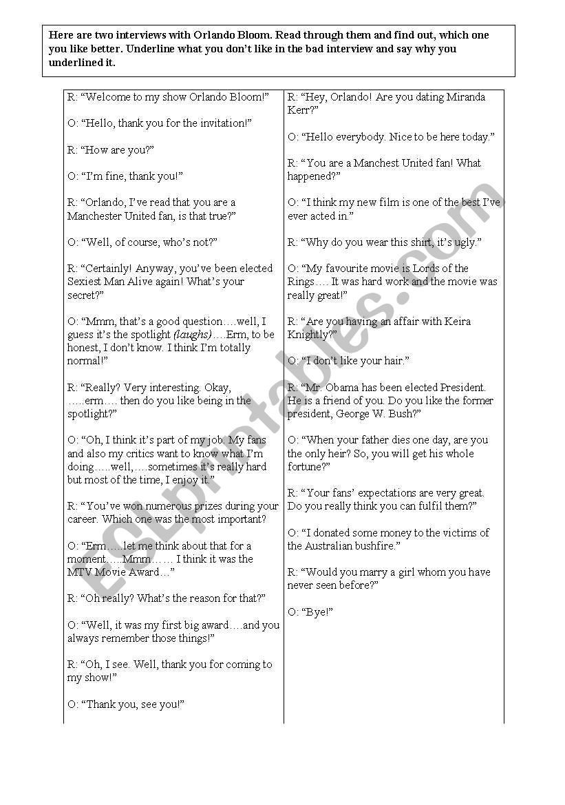 good and bad interview worksheet