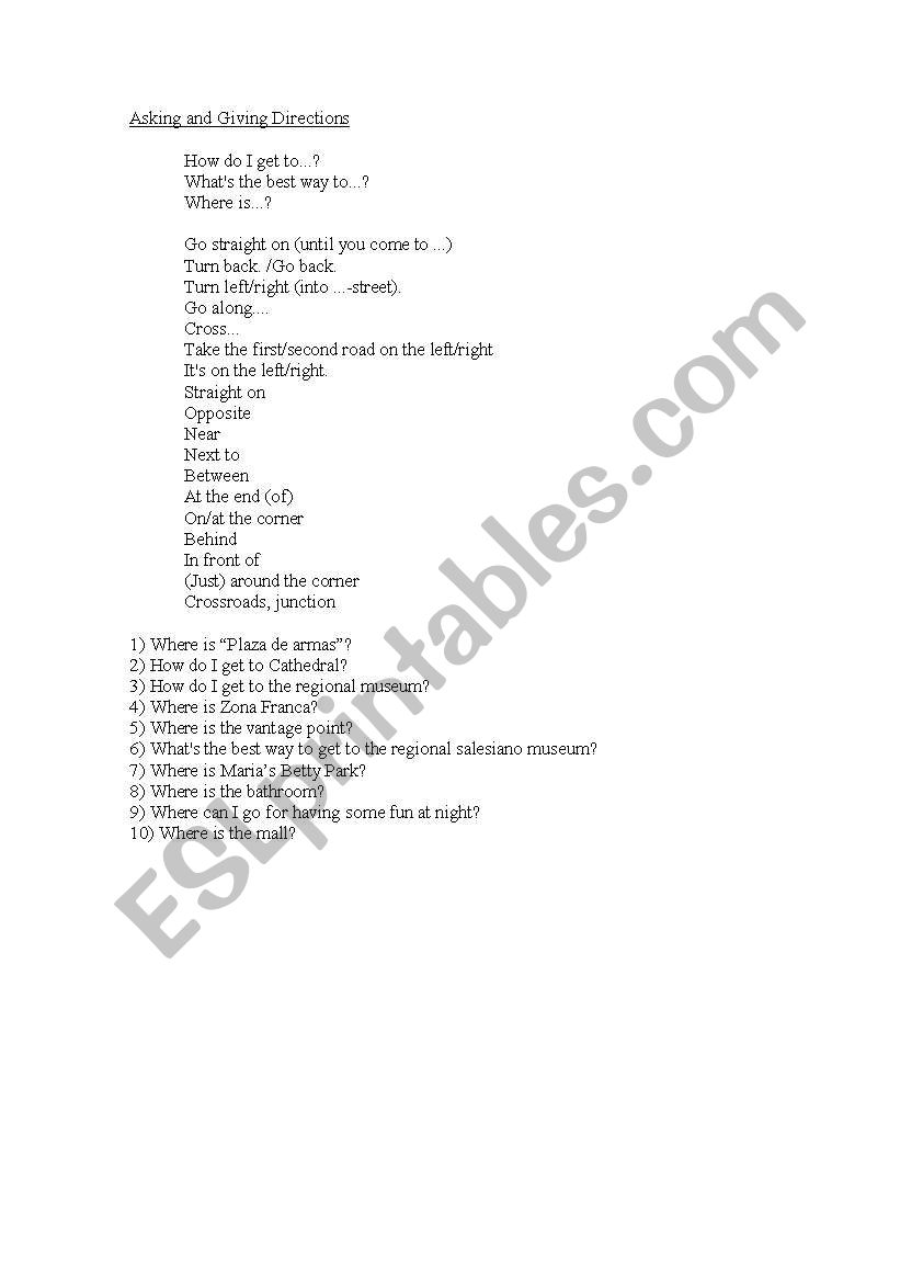 asking and giving directions worksheet