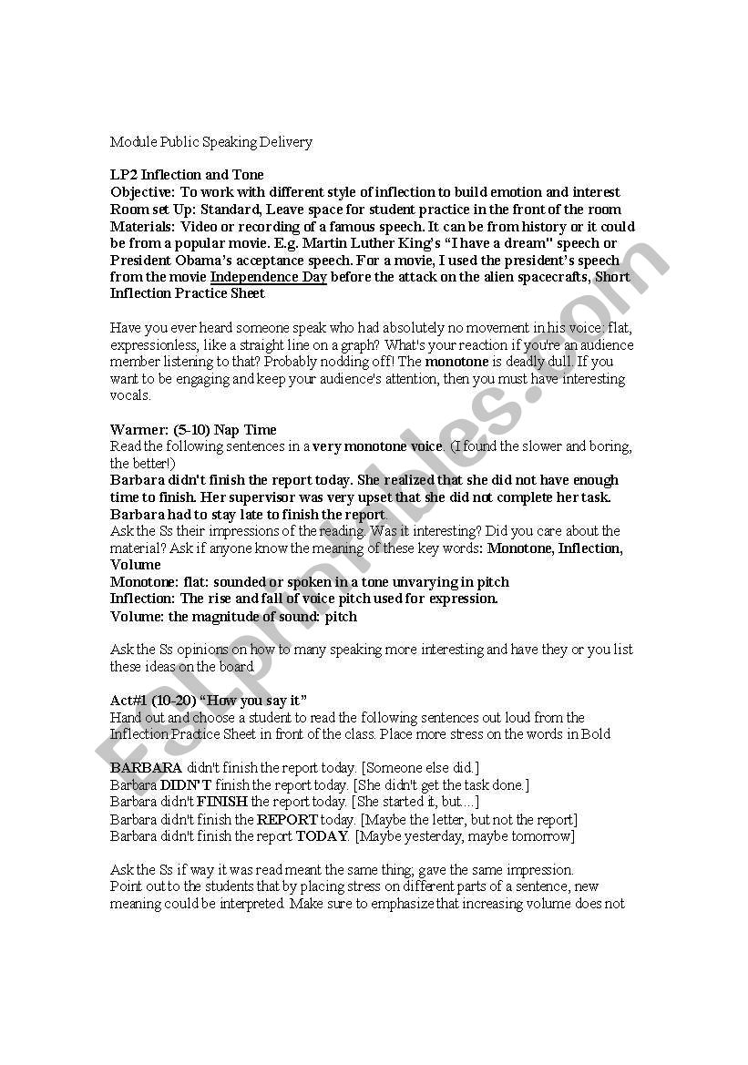 Public Speaking: Inflection worksheet