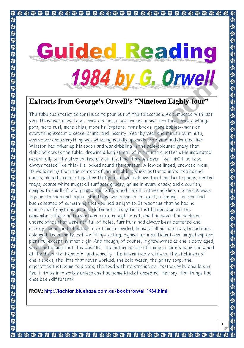 Reading & Writing Project (final task= writing a story)- Extract from 1984 by Orwell # 2. (COMPREHENSIVE: 9 pages, Over 45 TASKS, with KEY)