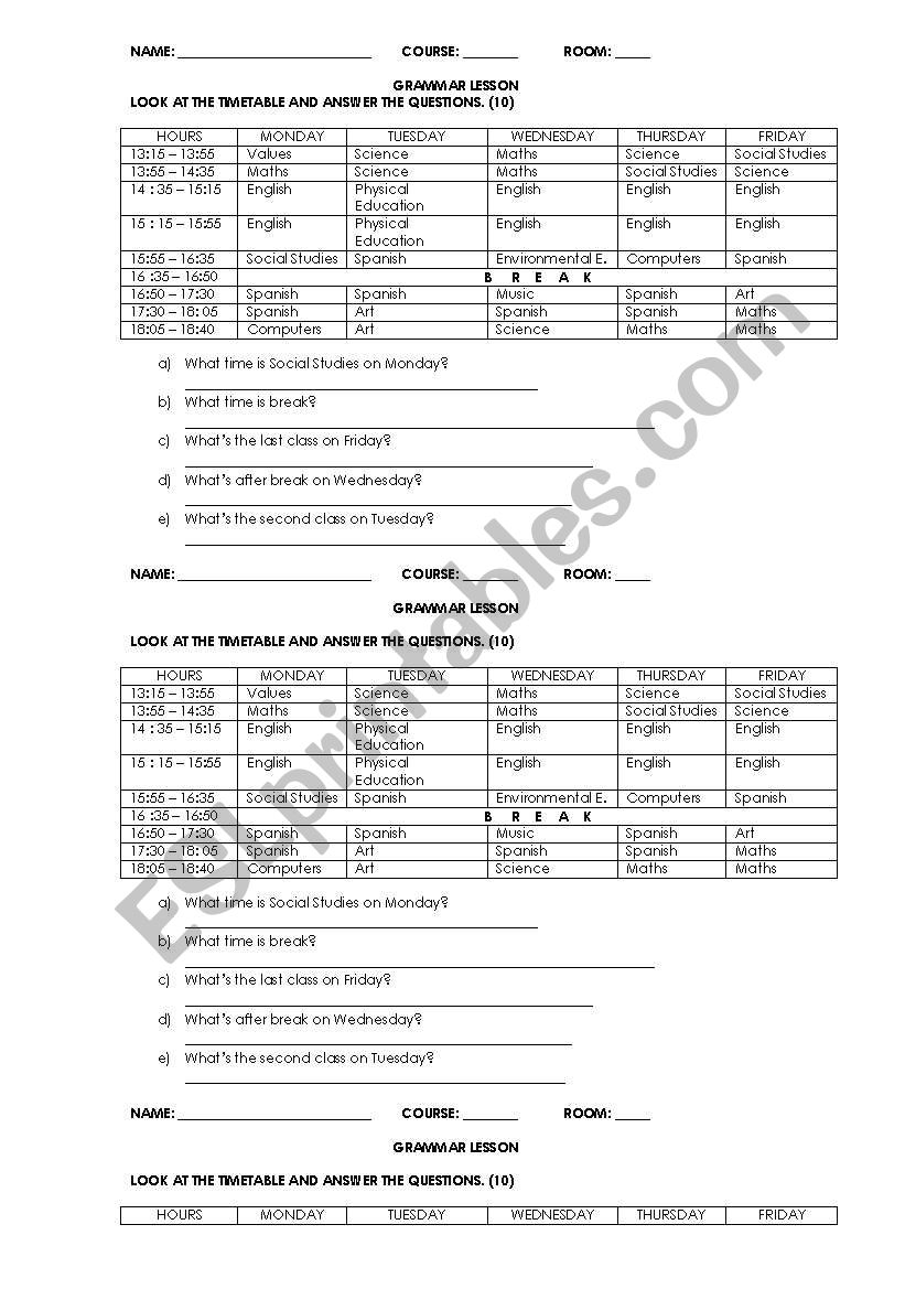 TIMETABLES / SCHEDULES worksheet