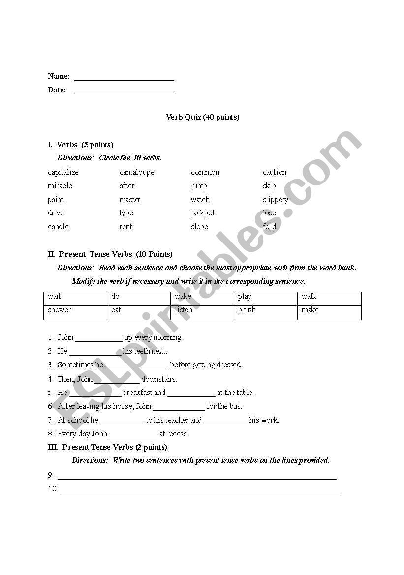 Present & Past Tense Verb Quiz