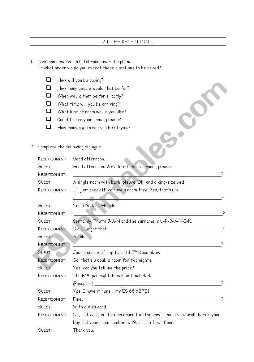 Hotel Reception 1 worksheet