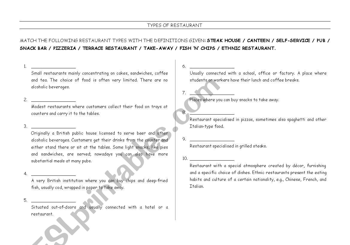 Types of Restaurant worksheet