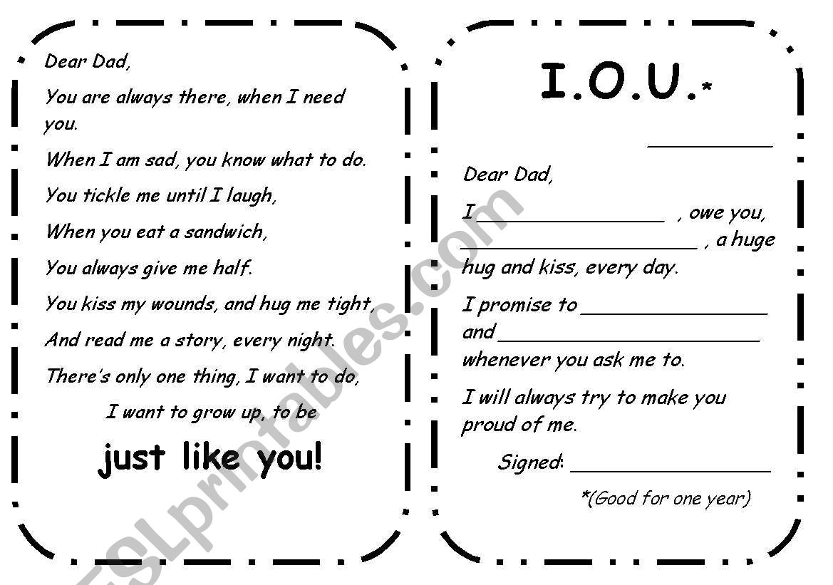 Fathers Day wish and I.O.U. worksheet