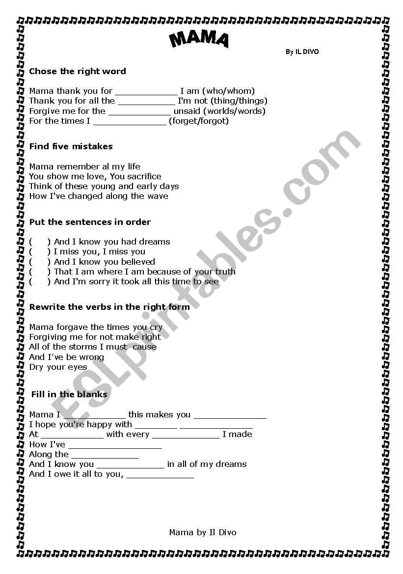 MAMA MIA worksheet