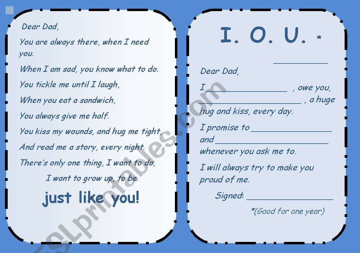 Fathers Day card + IOU worksheet