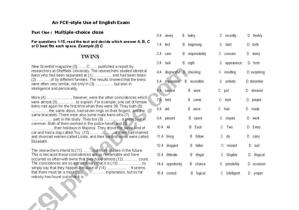 FCE - USE OF ENGLISH TEST worksheet