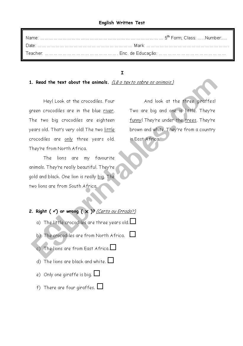 English test 5th form worksheet