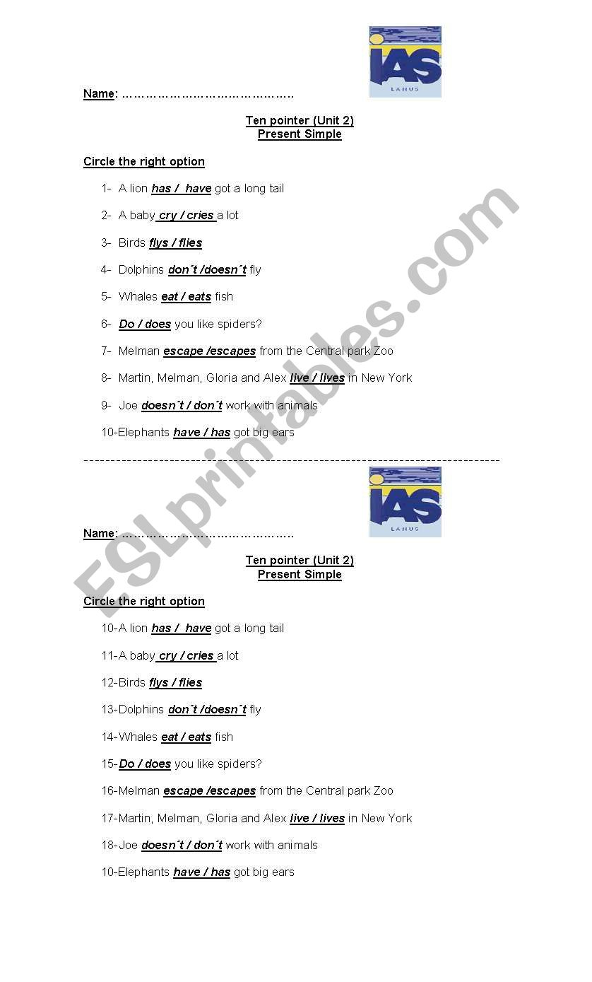 simple present exam worksheet