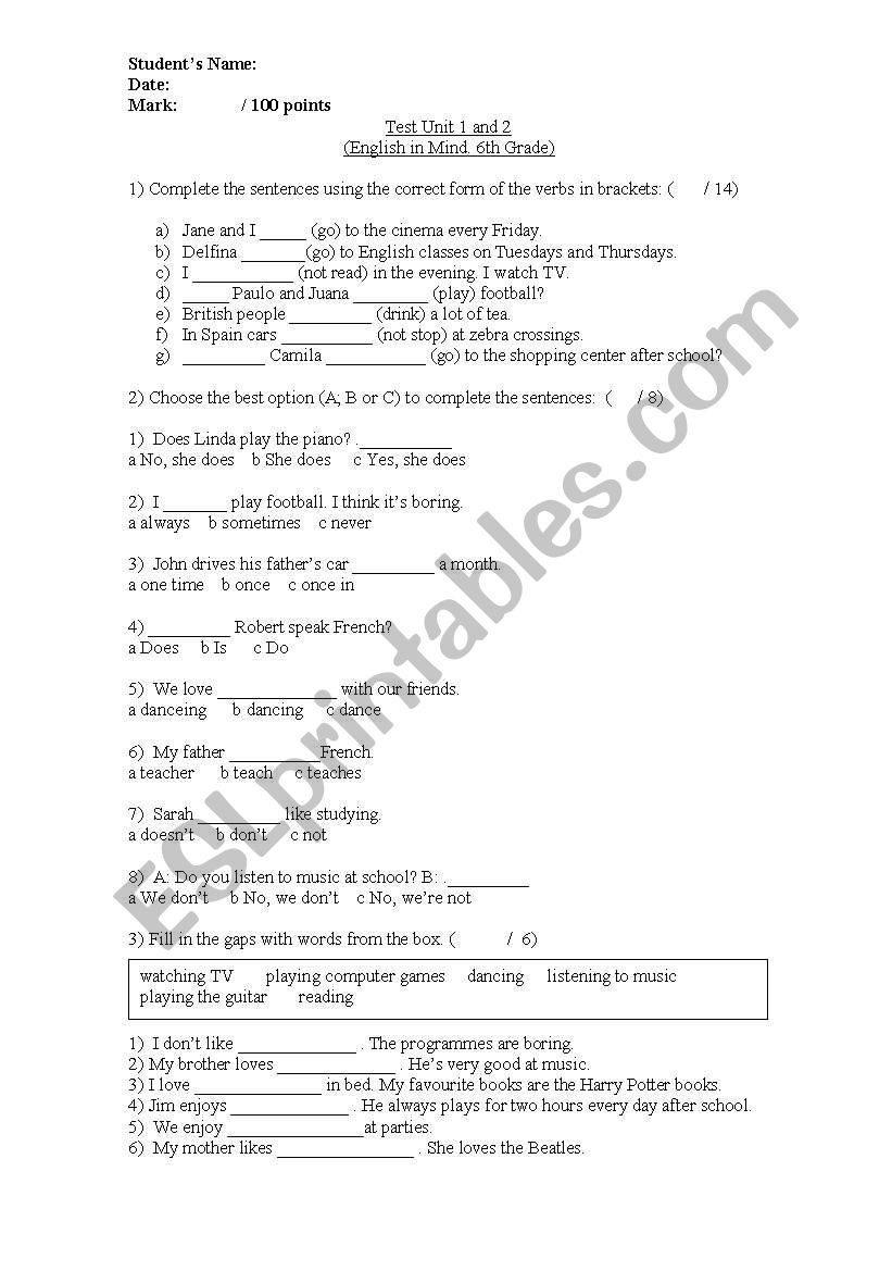 Test Present Simple worksheet