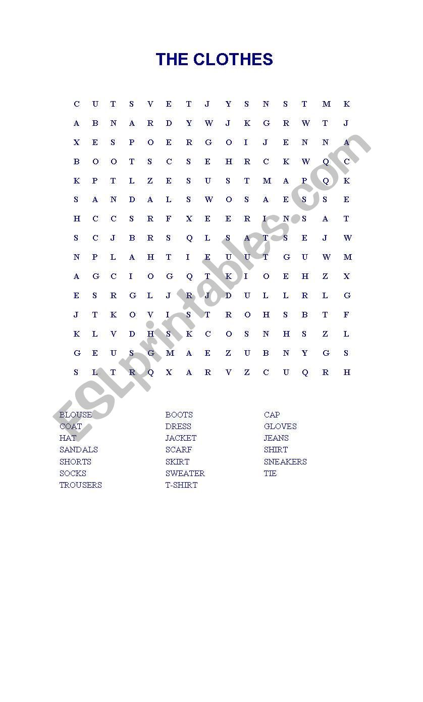 The clothes sopa de letras worksheet