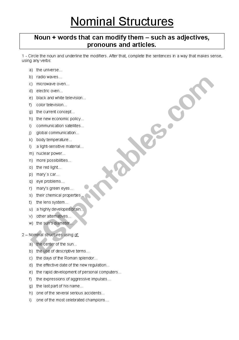 Nominal Structures worksheet