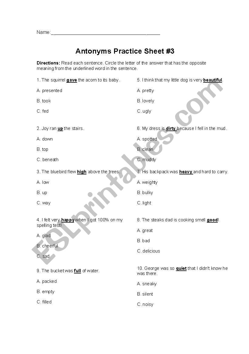 antonyms worksheet worksheet