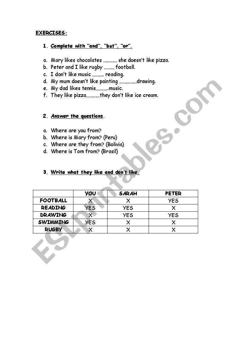 likes and dislikes worksheet