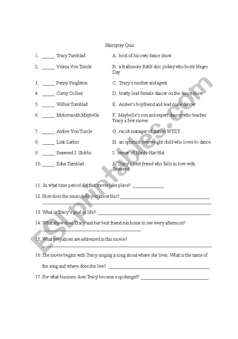Hair Spray the Movie Worksheet