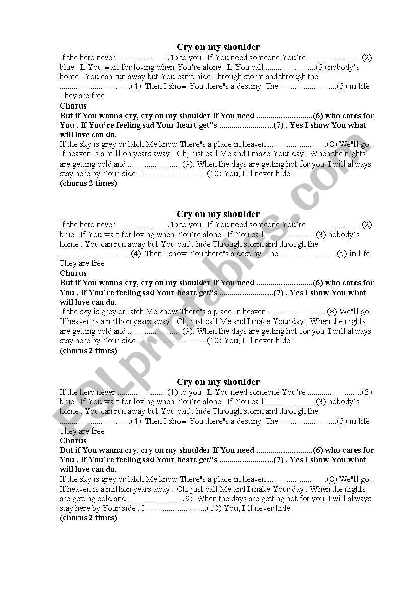 cry on my shoulder worksheet