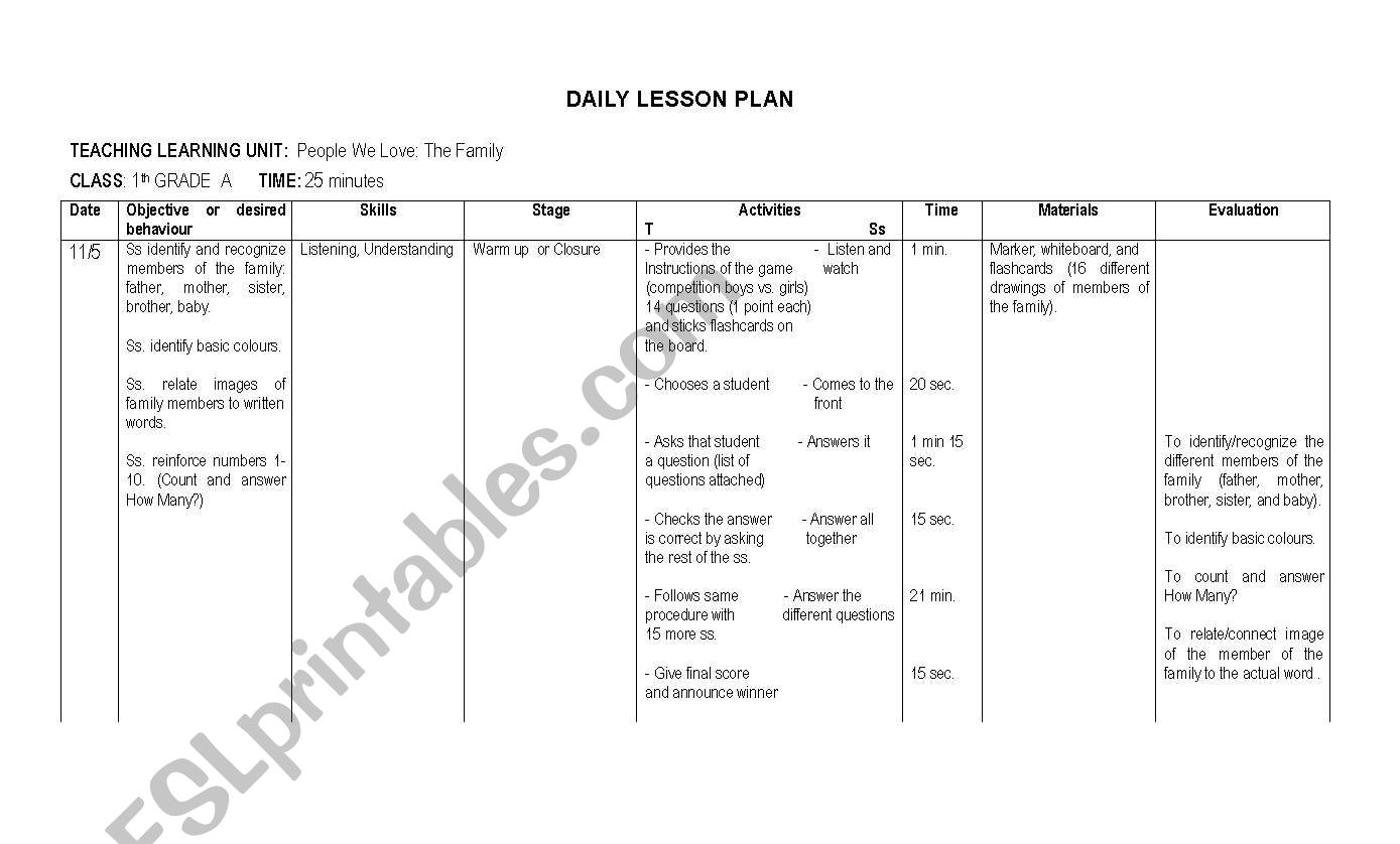 1st grade lesson plan. Content: Members of the Family