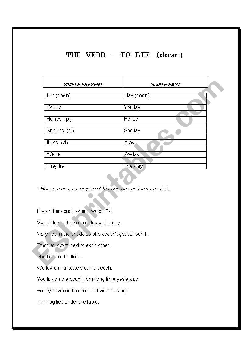 I lie down / I lay down worksheet