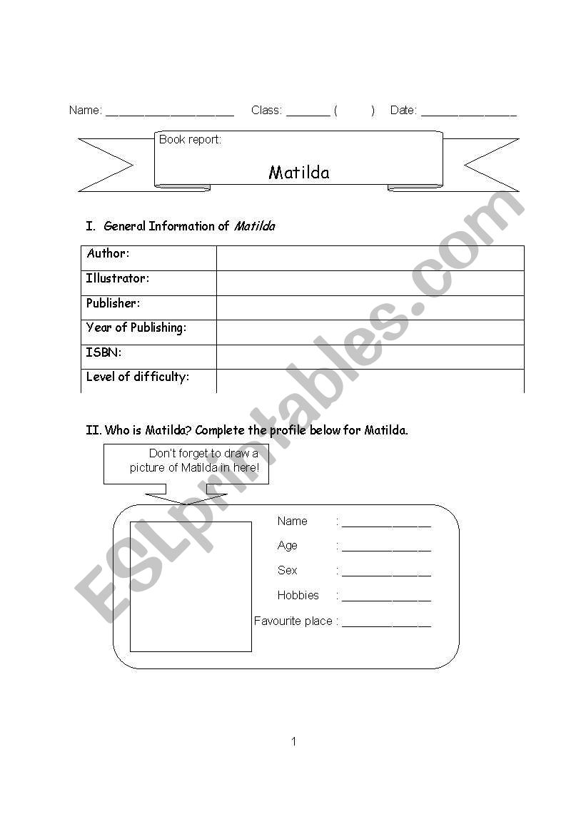 Book Report - Matilda worksheet