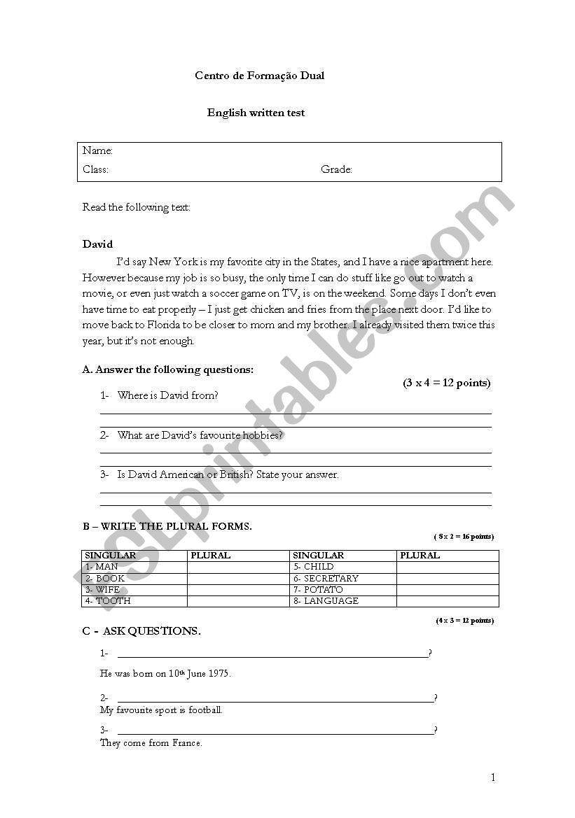 evaluation test worksheet