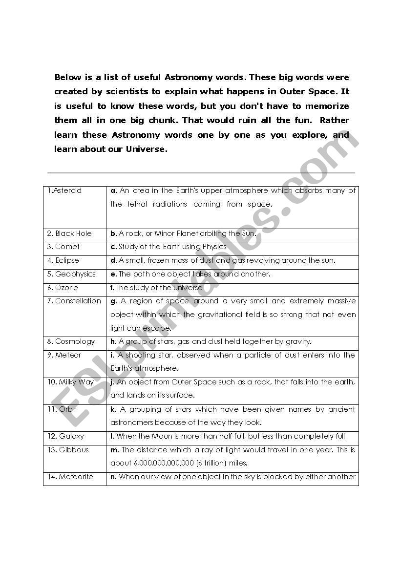 Astronomy vocabulary worksheet