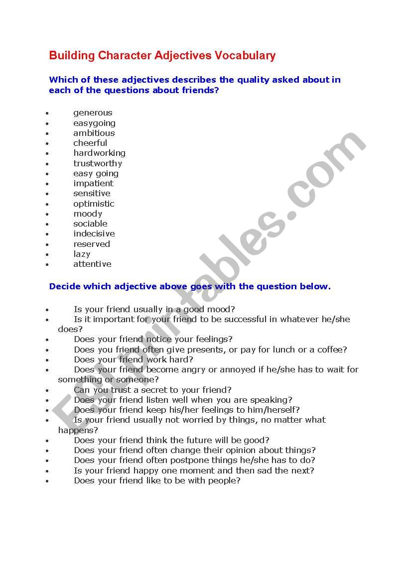 Building Character Adjectives worksheet