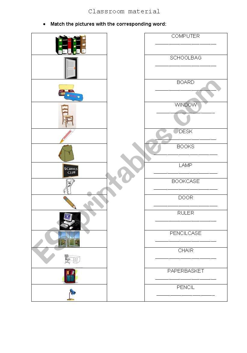 Classroom material worksheet