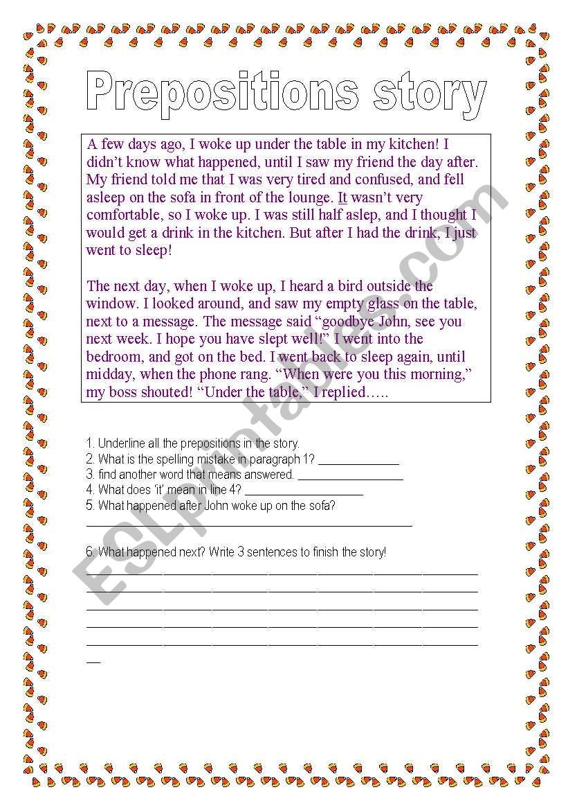 a prepositions story  worksheet