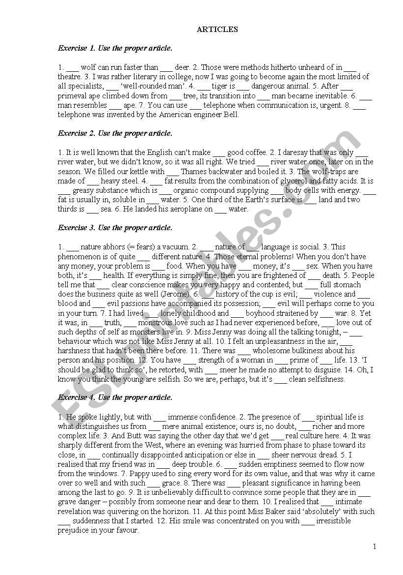 Articles worksheet