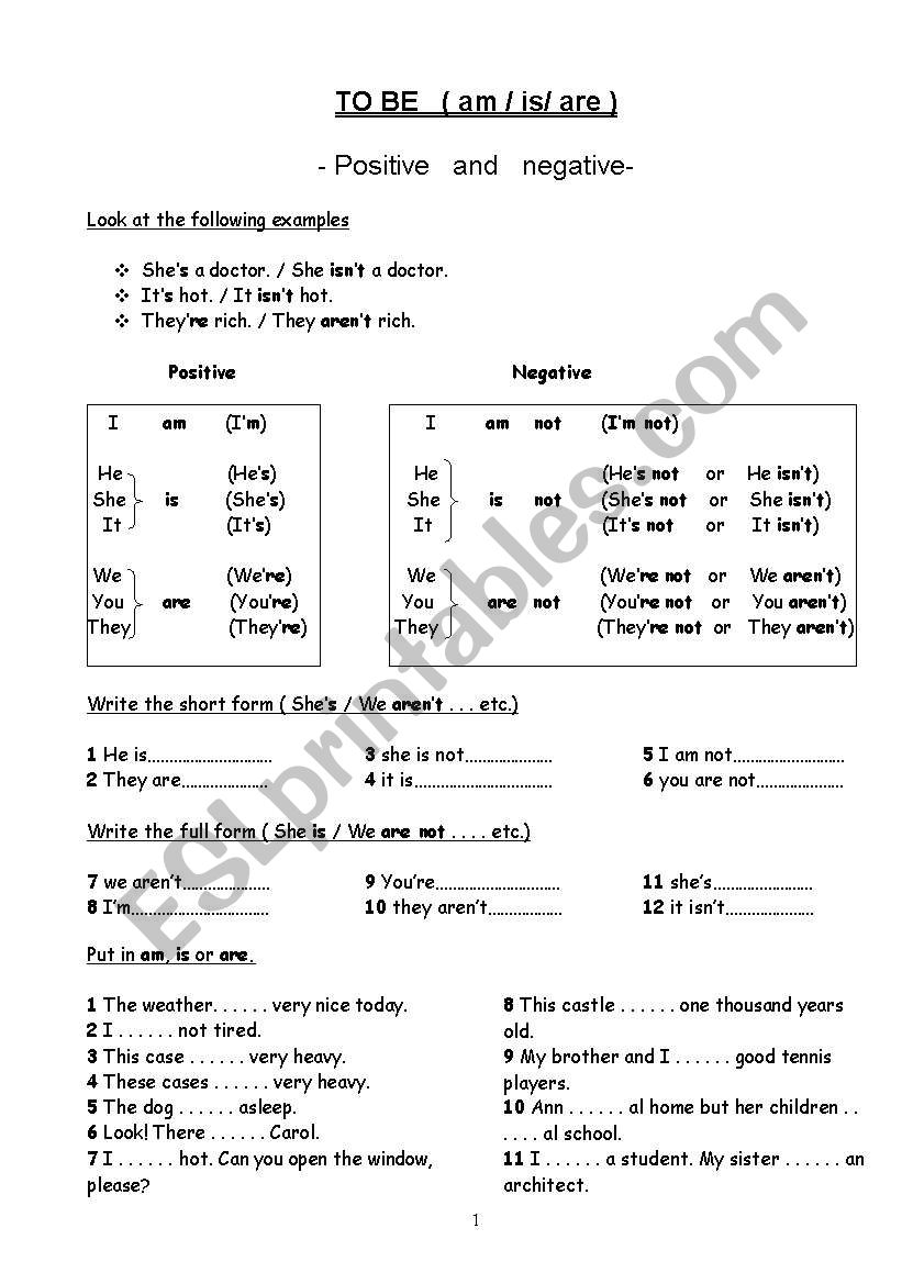 To Be  worksheet