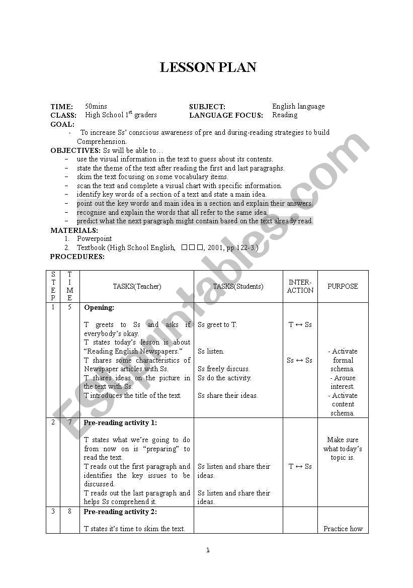 lesson plan reading worksheet