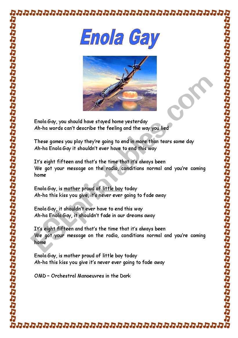 Enola gay song worksheet