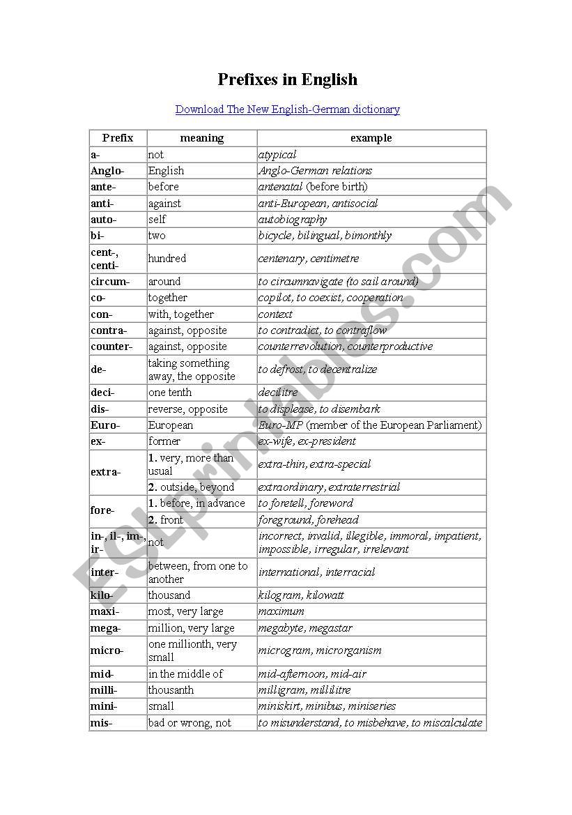 prefixes in english worksheet